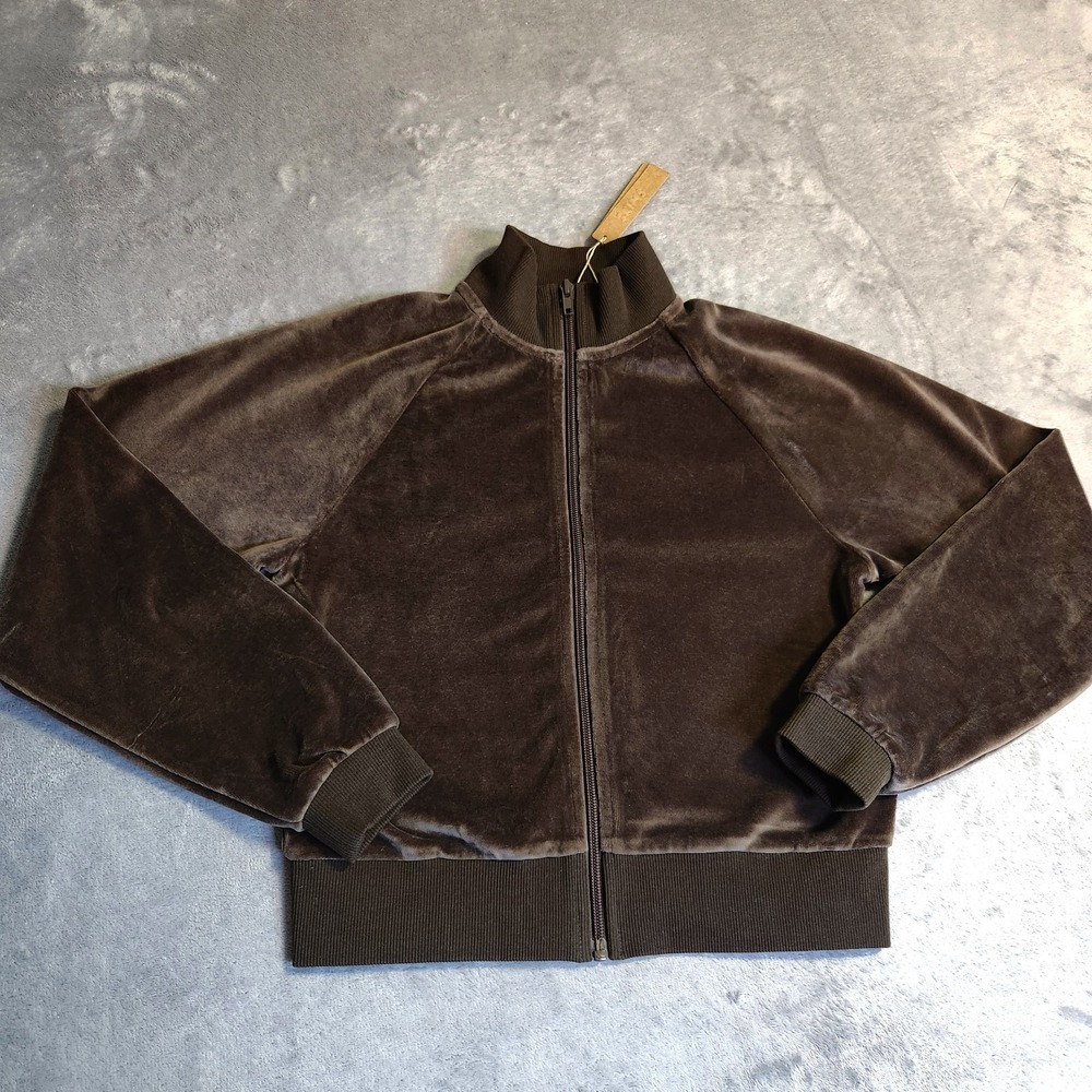 New SKIMS Velour Track Jacket Dark Sepia Full Zip Mock Neck S ZU-ZIP-9592W Brown